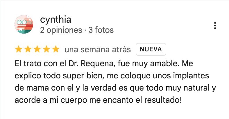 Rese&ntilde;a de 5 estrellas en Google de cynthia sobre el Dr. Abner Requena
